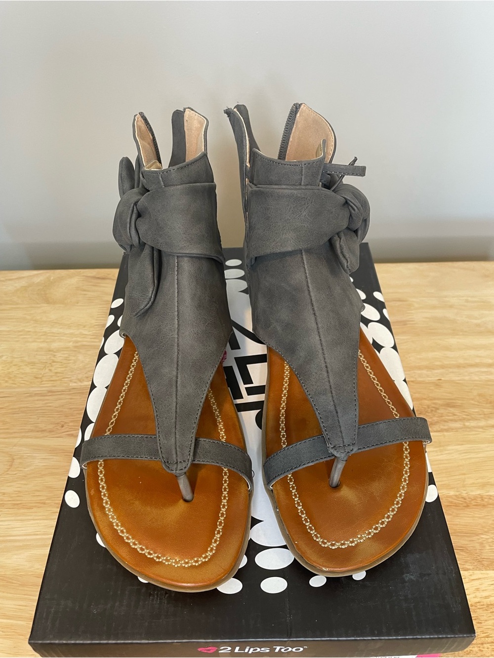 2 Lips Too Slate Grey T-Strap Ankle Wrap Sandals